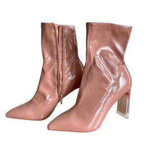 Rose‎ Gold Patent Ankle Boots Clear Heel Pointed Toe Boots Size 10